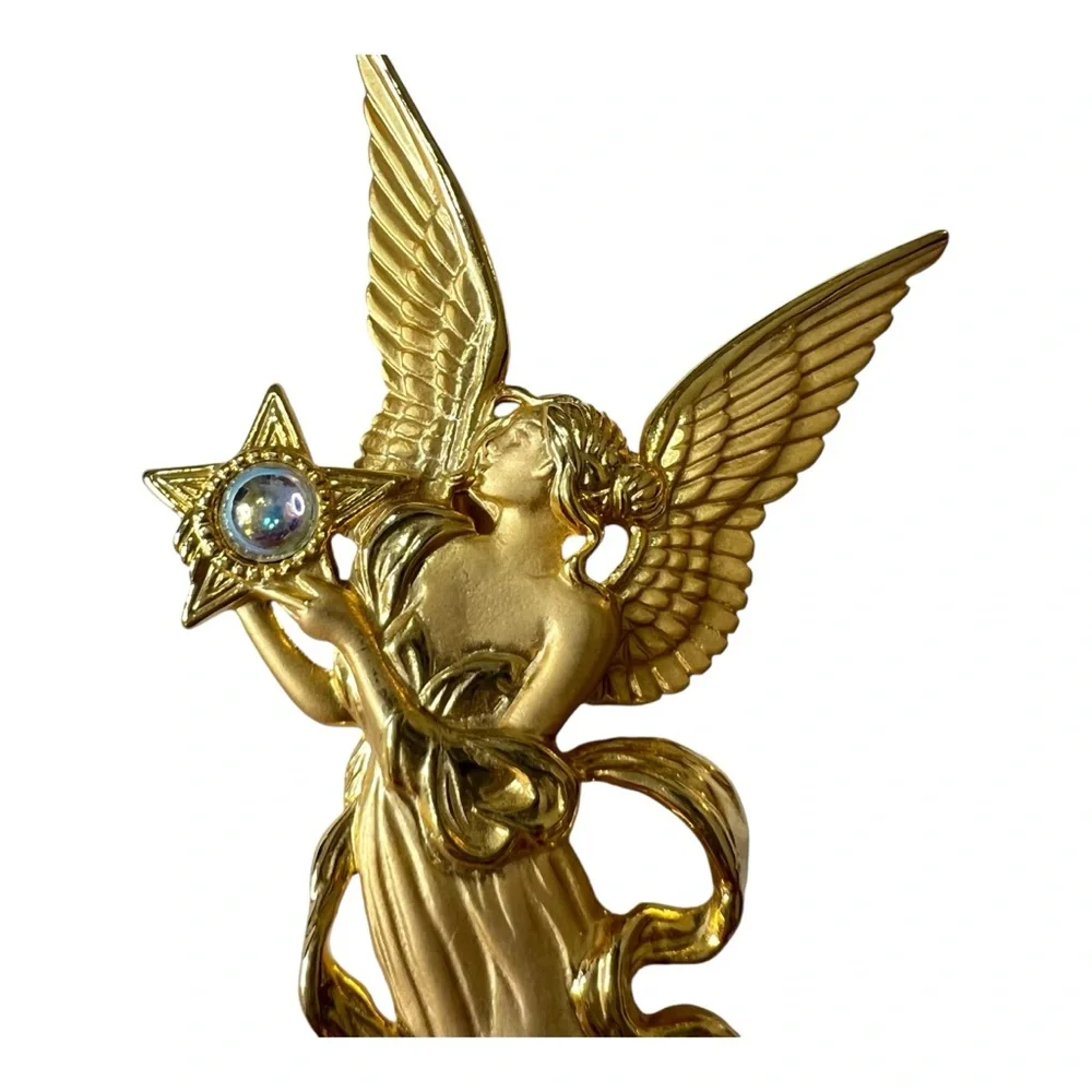 JJ Jonette Vintage Gold Tone Angel With Star and Faux Moonstone Brooch Pin